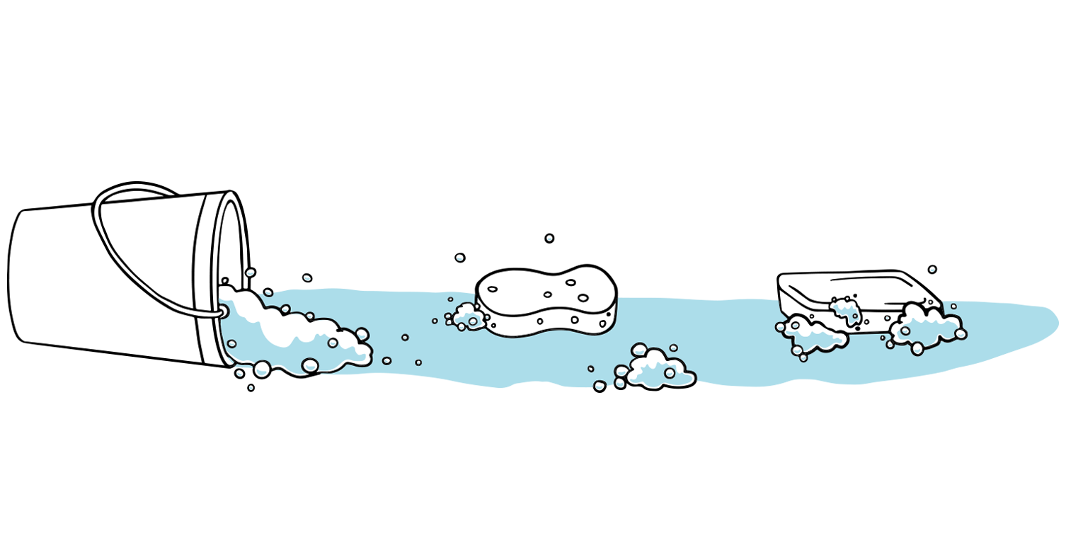 Illustration d’un seau, d’une éponge et d’un pain de savon étalés sur le sol dans de l’eau propre. 