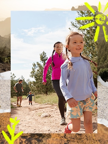 Ein Mann und eine Frau beim Traillauf mit zwei Kindern