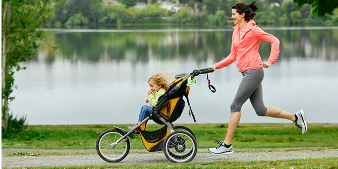 Amber running while pushing a stroller