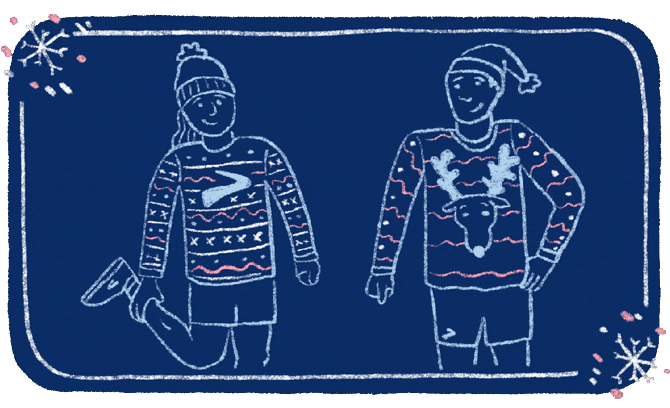 An animated GIF of a stretching woman wearing a holiday sweater adorned with a Brooks Running logo, and a man standing next to her wearing a holiday sweater with a reindeer on it Both people and sweaters depicted flash red in the GIF. 