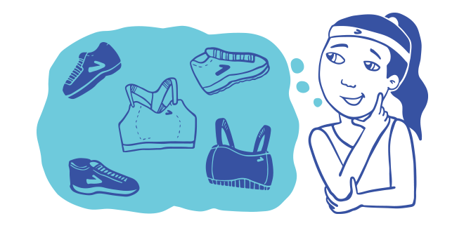 Illustration d’une femme qui réfléchit à différentes options de brassières de course et de souliers de course.