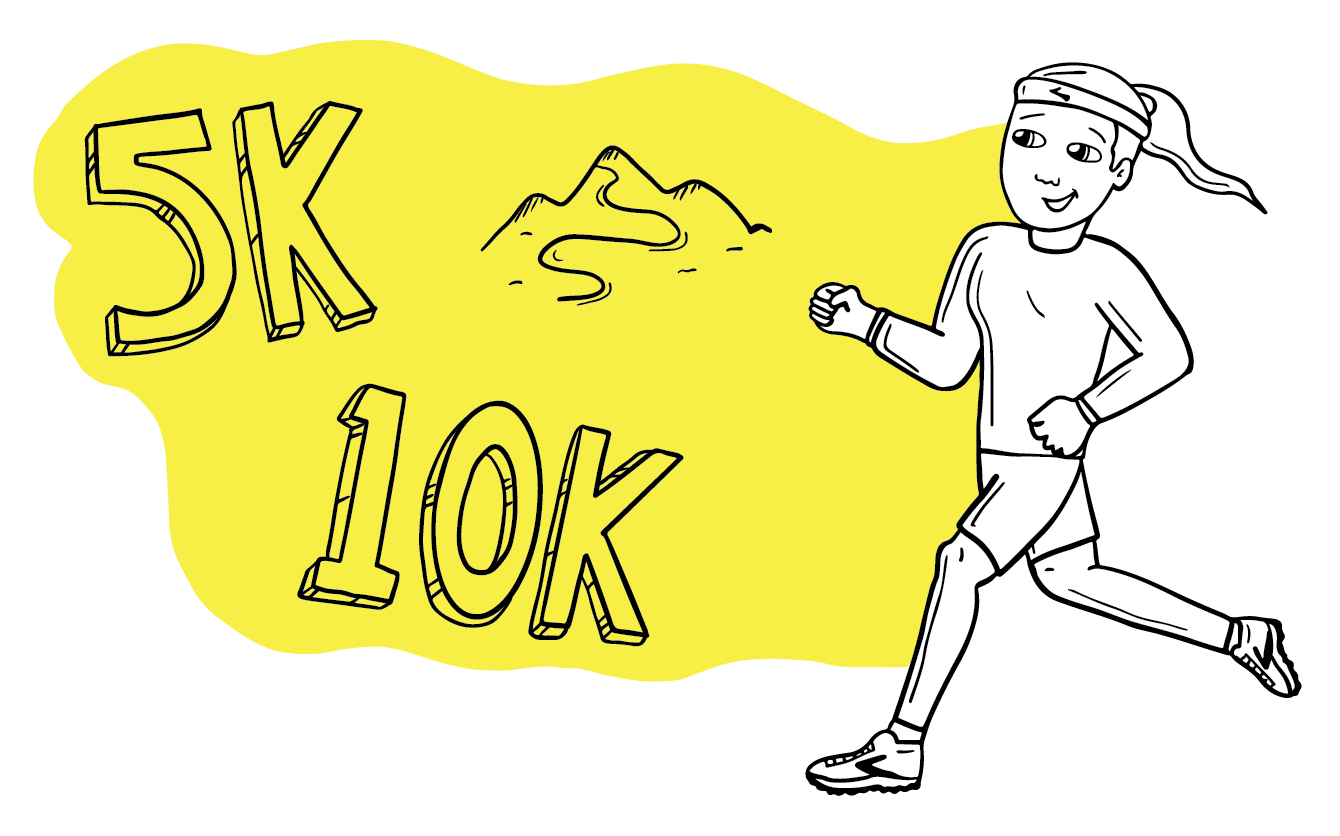 Illustration d’une fille courant vers un panneau de 5 km et 10 km