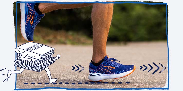 Side view of runner calves and feet with Adrenaline shoes and an illustration of a little book with legs 