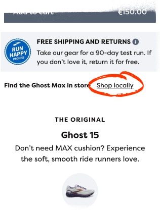 Screenshot of Shop Locally on brooksrunning.com